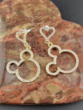 Gold Tone Mickey Mouse Rhinestone Dangle Earrings Disney Inspired